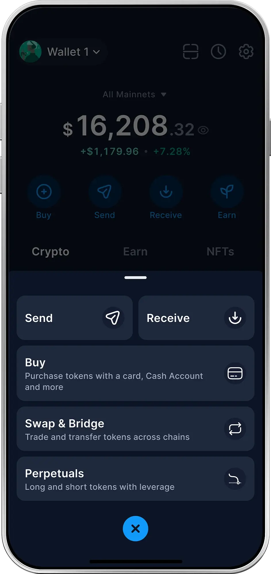 a phone showing checkout tab with buy swap send